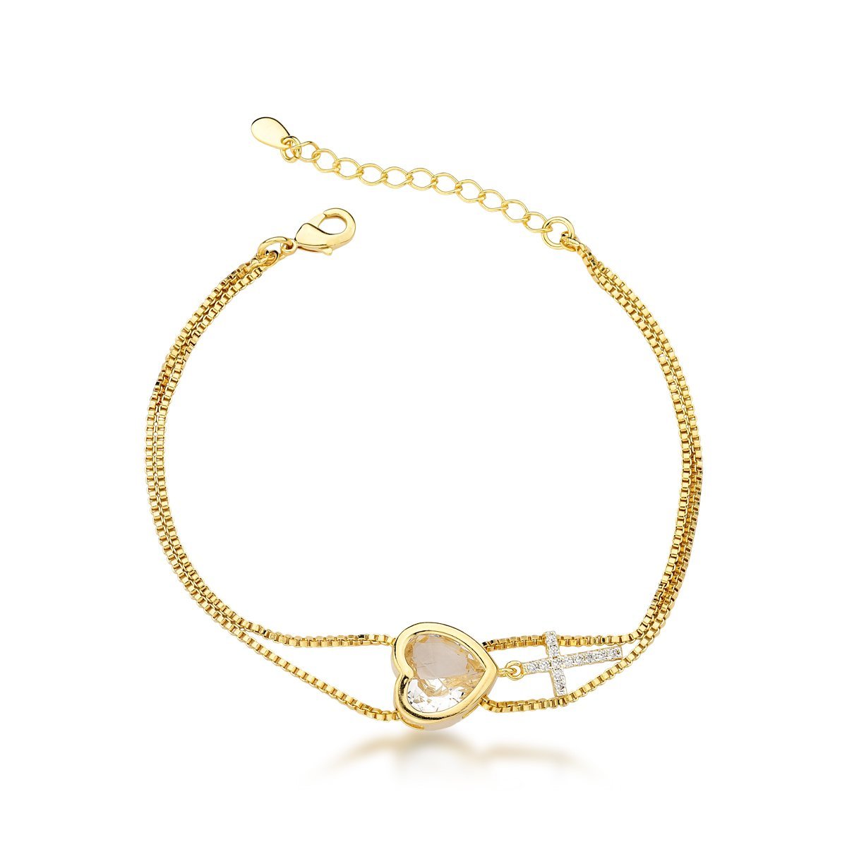 Pulseira Moderna e Chique Banhada em Ouro 18k – Zircônio Coração e Cruz Cintilante Dourado 1