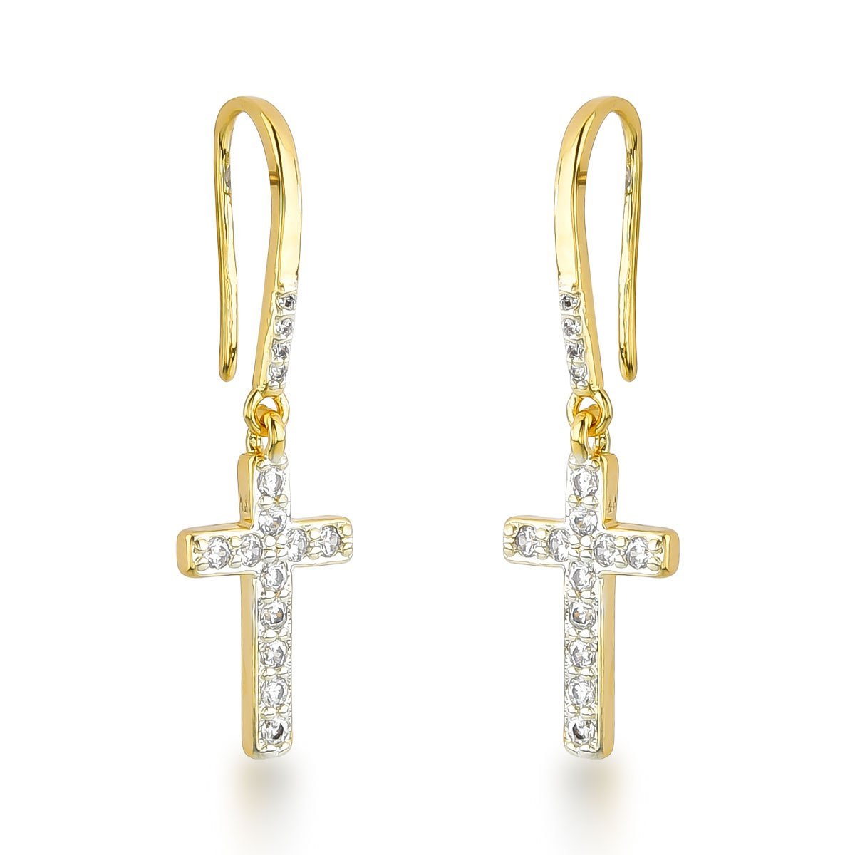 Brincos com Gancho e Cruz de Zircônias Cristais Banhados a Ouro 18k