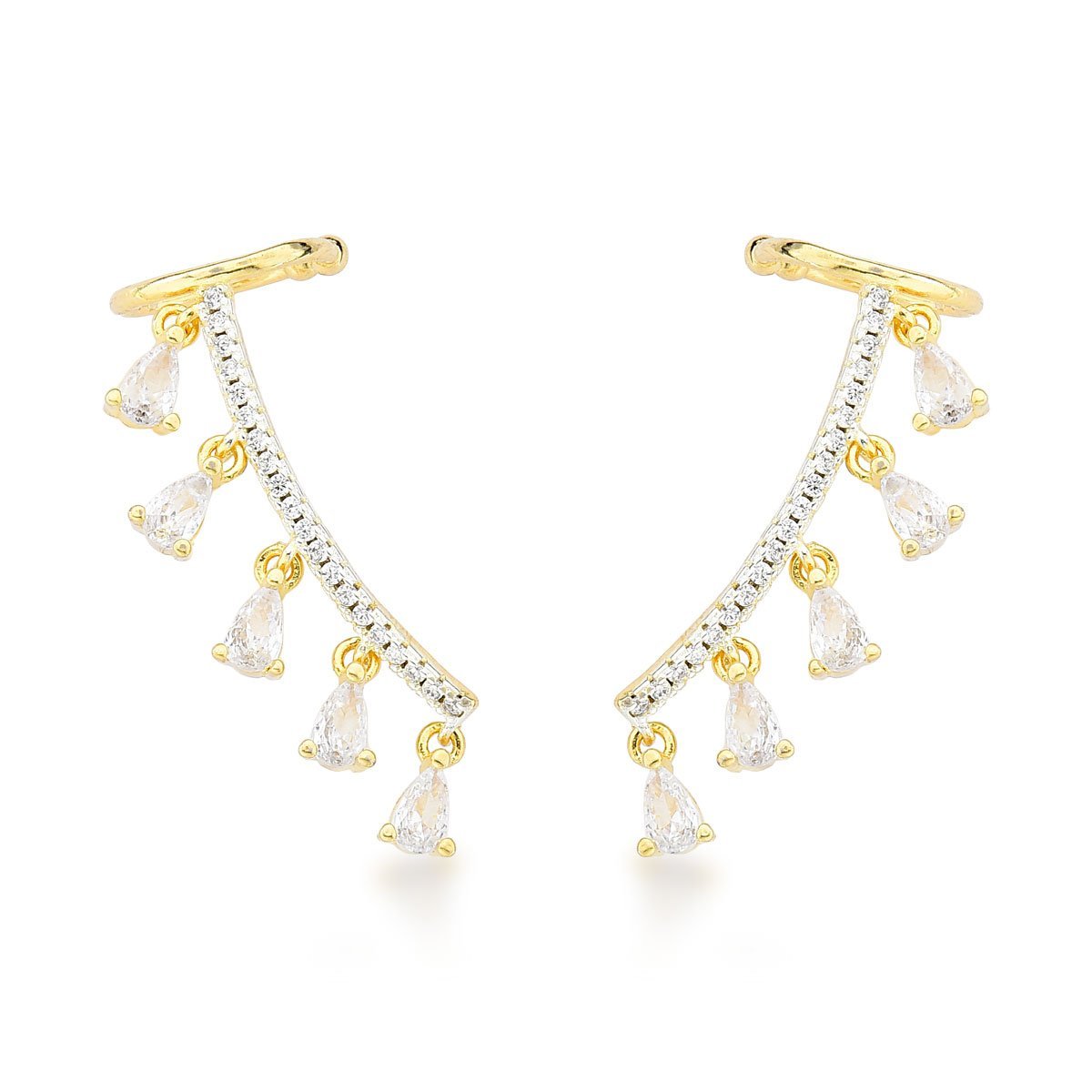Brincos Earcuff Banhados a Ouro 18k com Elegantes Zircônias Cristais Pendentes Dourado 1