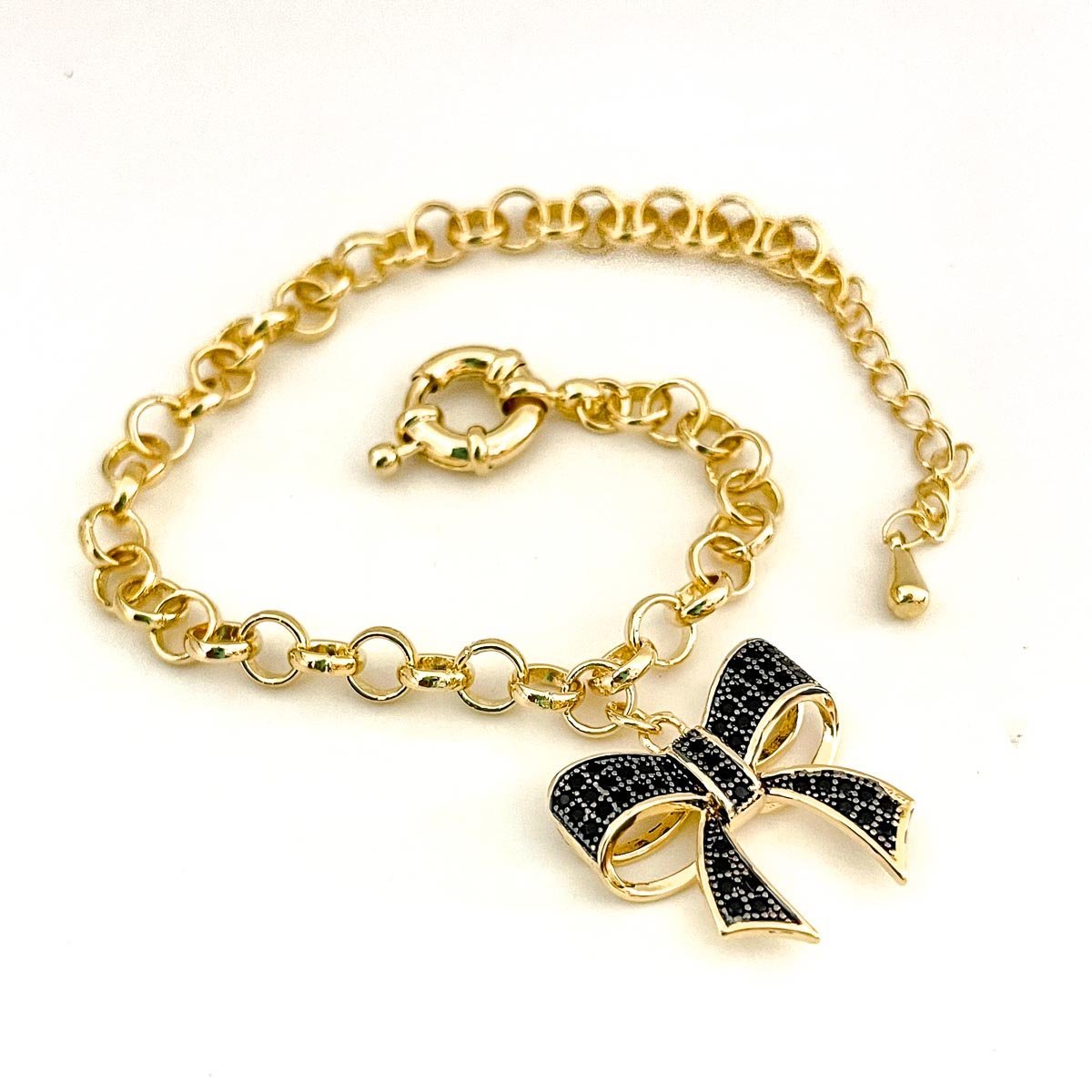 Pulseira com Laço Zirconias Negras Banhado a Ouro 18k Dourado 1