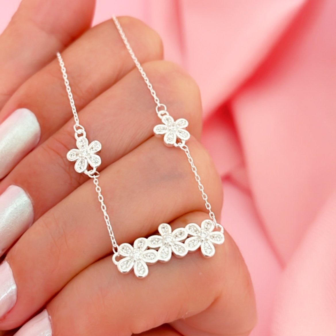 Colar Flores Cristais Minimalistas Prata 925 Prata 2