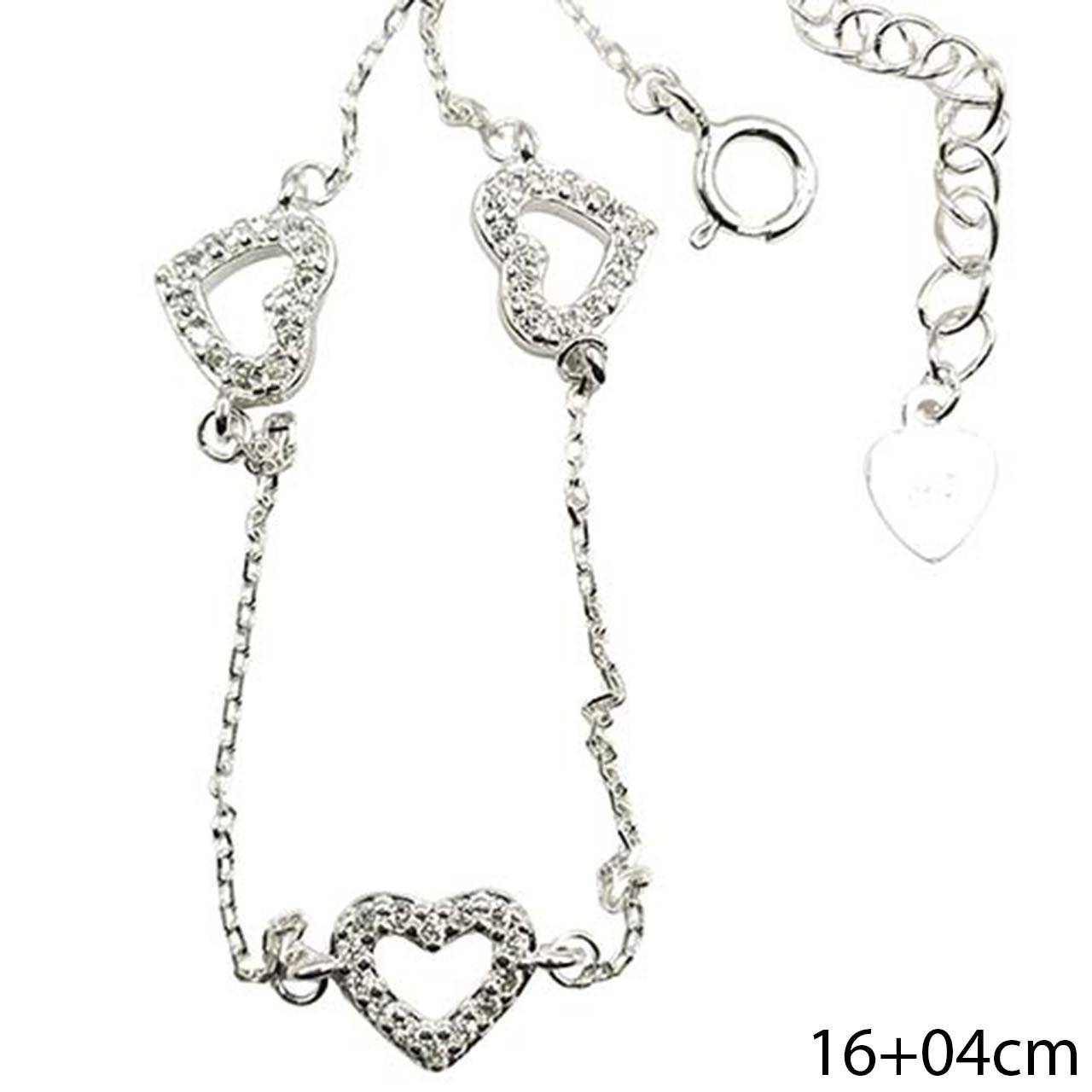 Pulseira Minimalista Três Corações Cravejados Prata 925 Prata 2