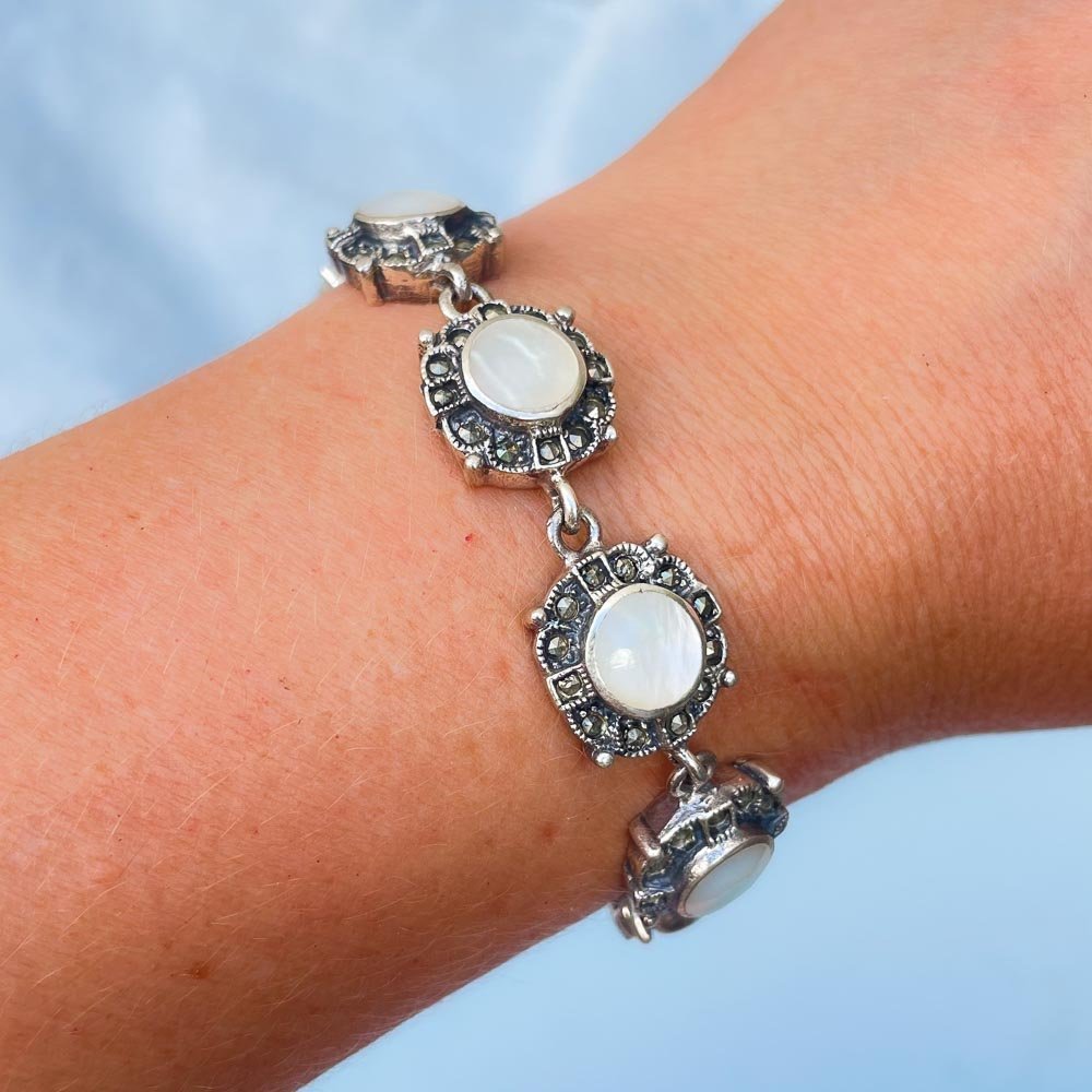 Pulseira Circulos com Madreperola e Marcassitas Prata 925 Preto 2