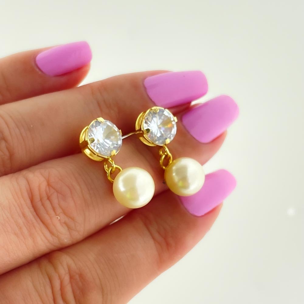 Brinco Zircônio e Perola Banhado a Ouro 18k Dourado 5
