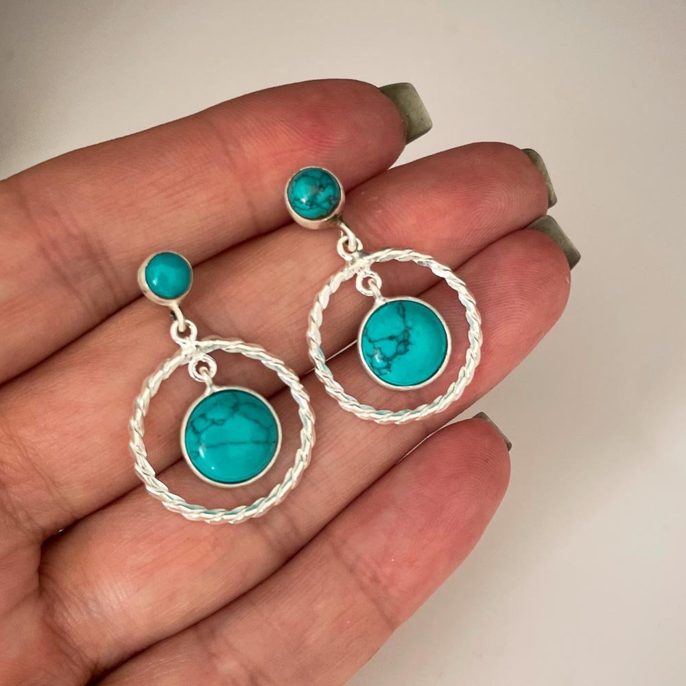 Brinco Circulos Pedra Turquesa Prata 925 Prata 2
