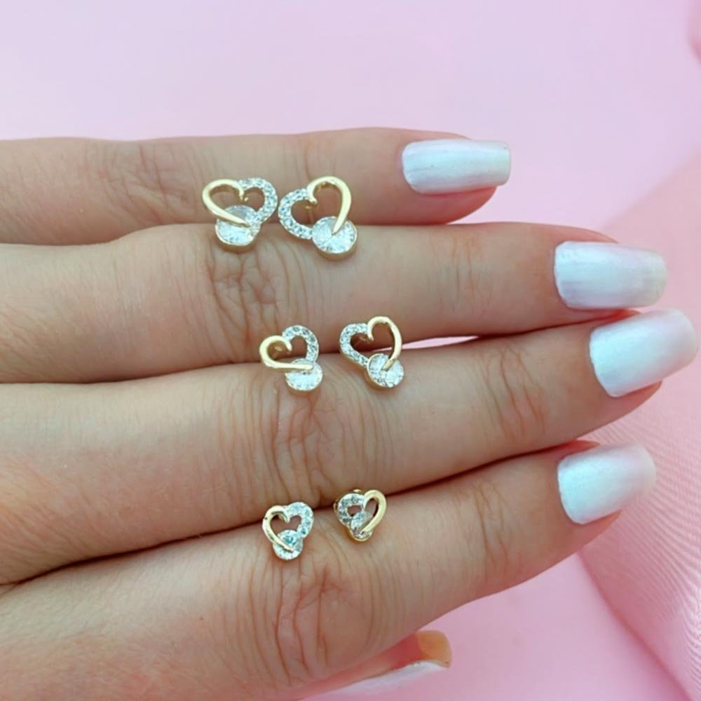 Trio Brincos Corações Cravejados Banhado a Ouro 18k Dourado 2