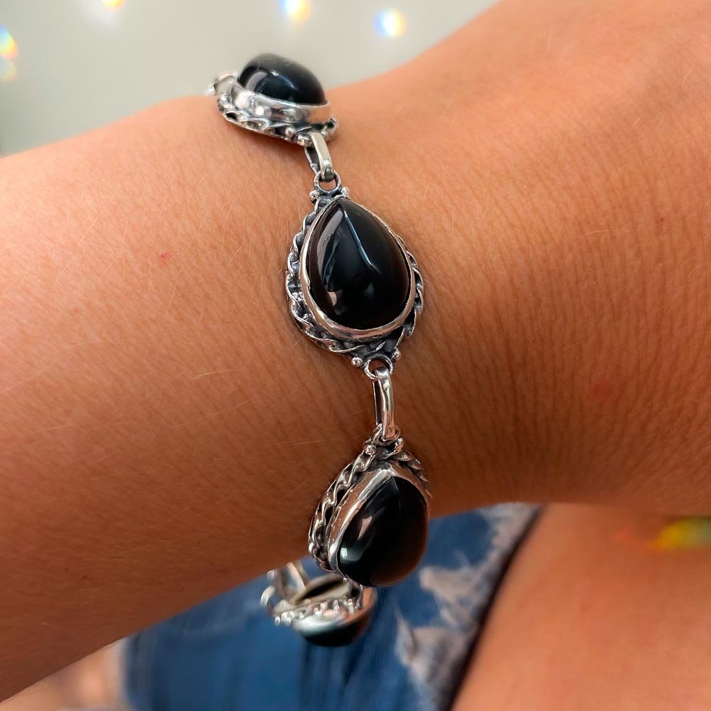 Pulseira Gotas Pedra Onix Prata de Bali 925 Preto 2