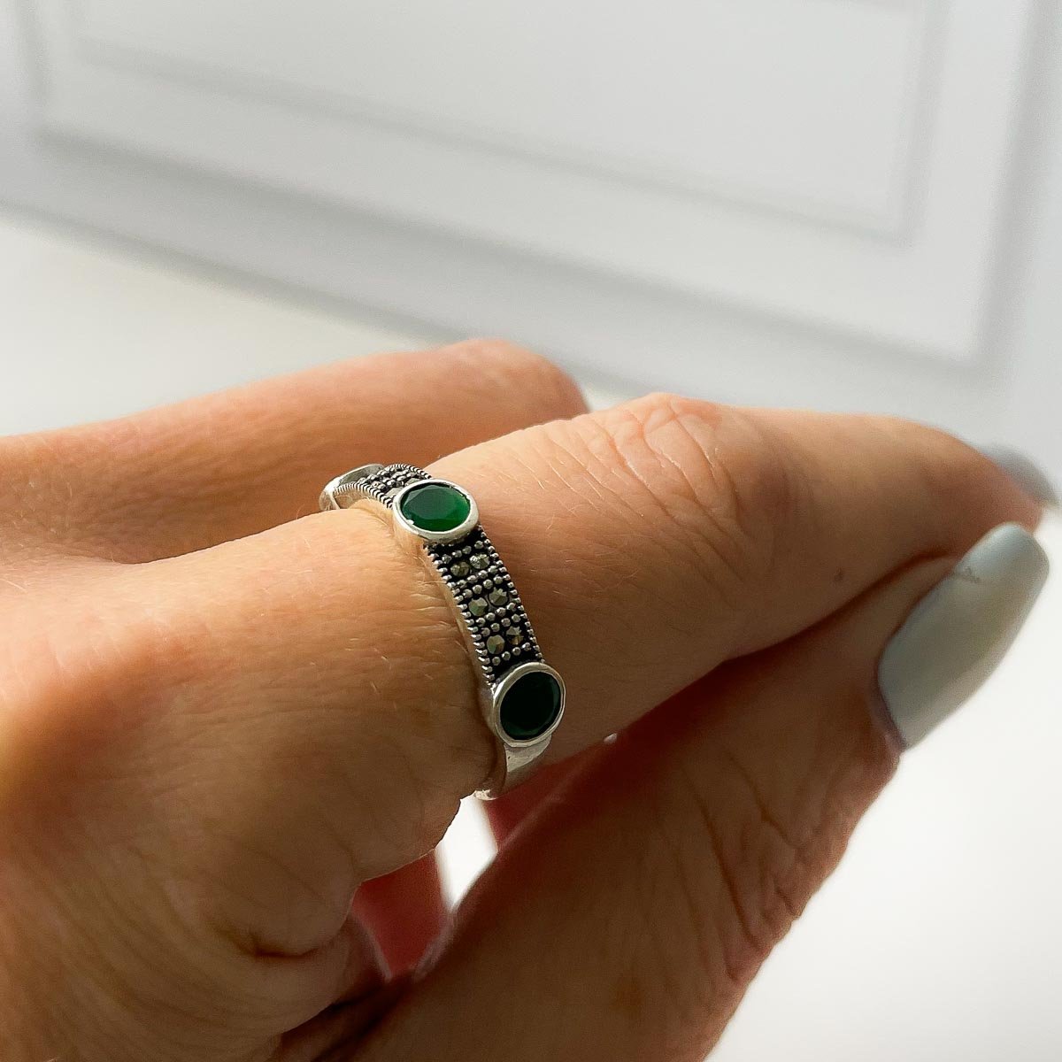 Anel Aliança com Marcassitas Esmeralda Indiana Prata 925 Prata 3