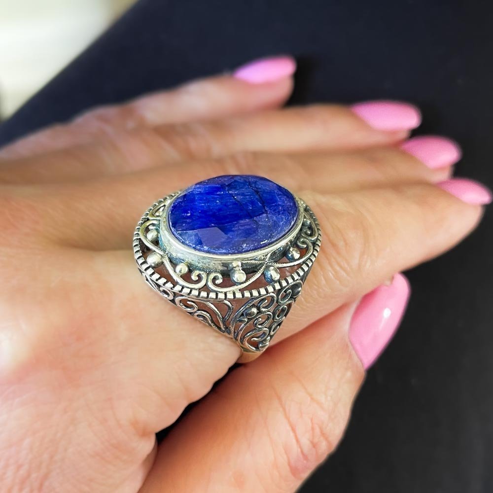 Anel Rendado Safira Indiana Prata 925 Prata/Azul 3