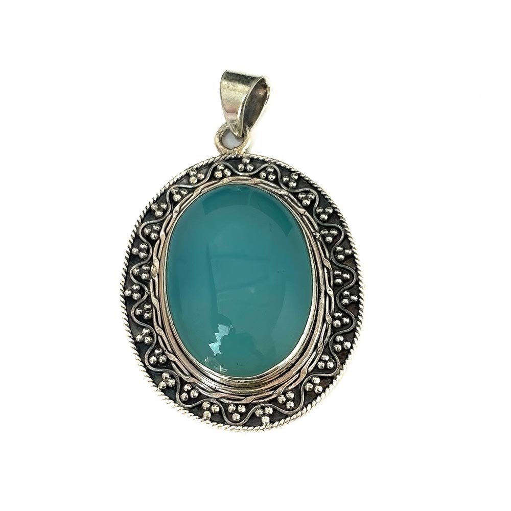 Pingente Oval Com Pedra Natural Calcedonia Prata 925