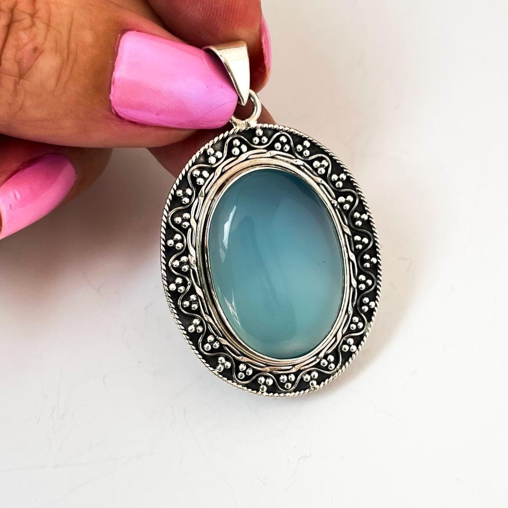 Pingente Oval Com Pedra Natural Calcedonia Prata 925 Prata/Verde 2