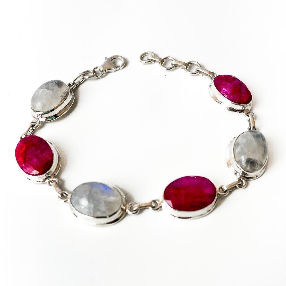 Pulseira Pedra da Lua e Rubi Indiano Ovais Prata 925