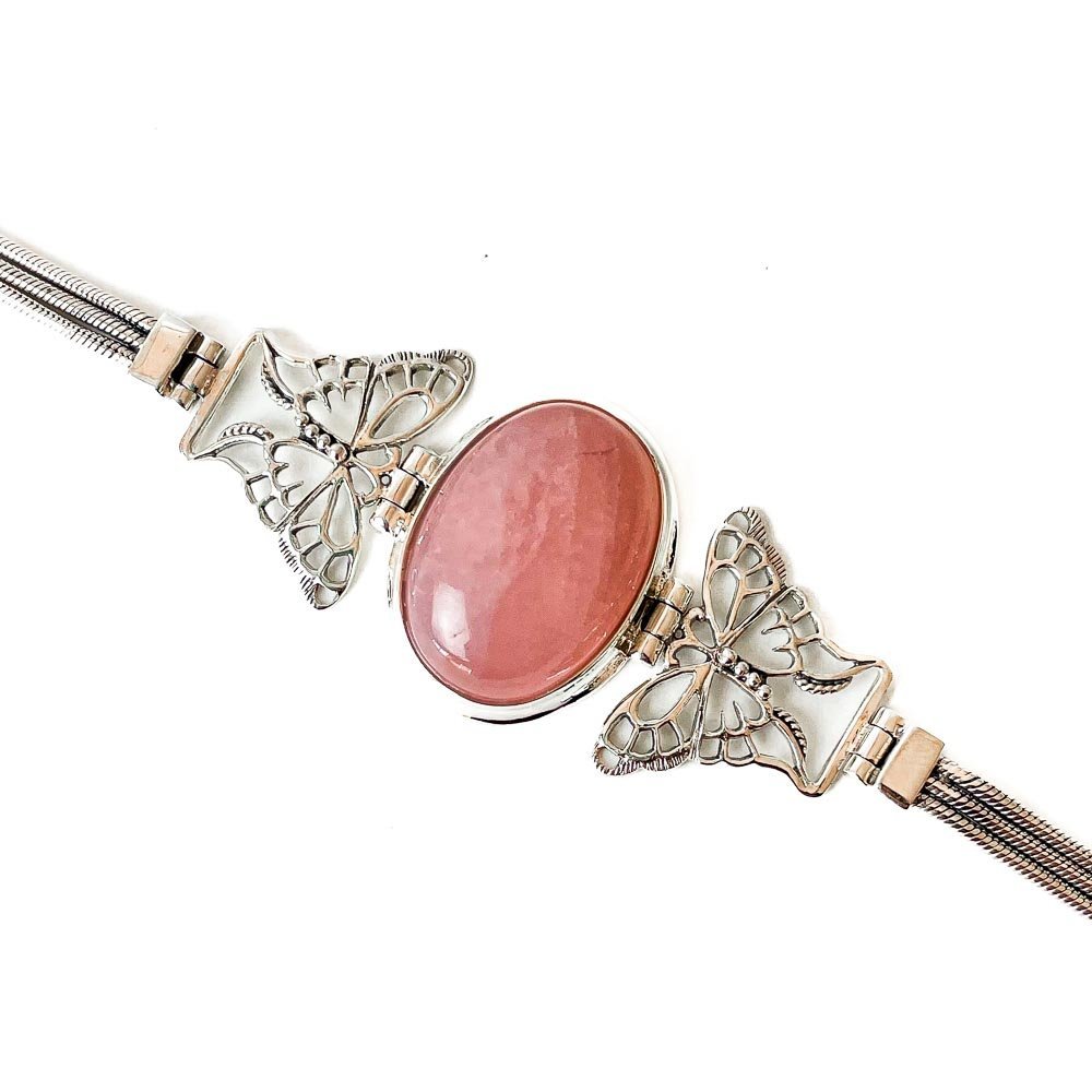 Pulseira Borboleta e Quartzo Rosa Oval Prata 925