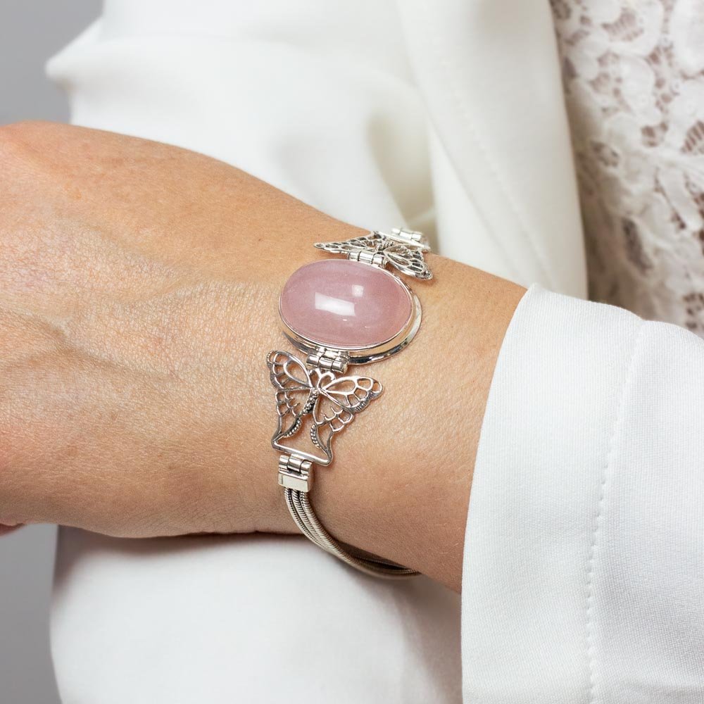 Pulseira Borboleta e Quartzo Rosa Oval Prata 925 Prata/Rosa 2