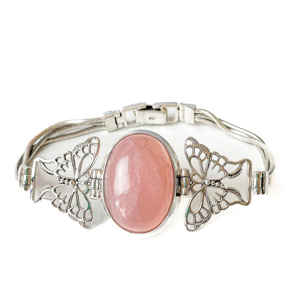 Pulseira Borboleta e Quartzo Rosa Oval Prata 925 Prata/Rosa 3