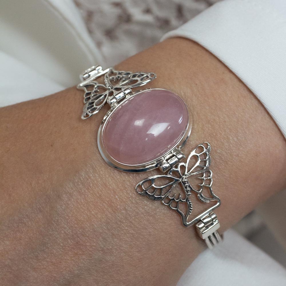 Pulseira Borboleta e Quartzo Rosa Oval Prata 925 Prata/Rosa 5