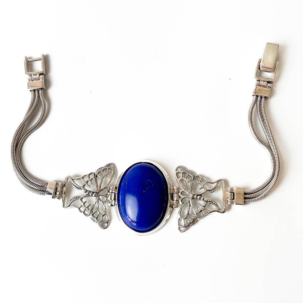 Pulseira Borboleta e Lapis Lazuli Oval Prata 925 Prata/Azul 3