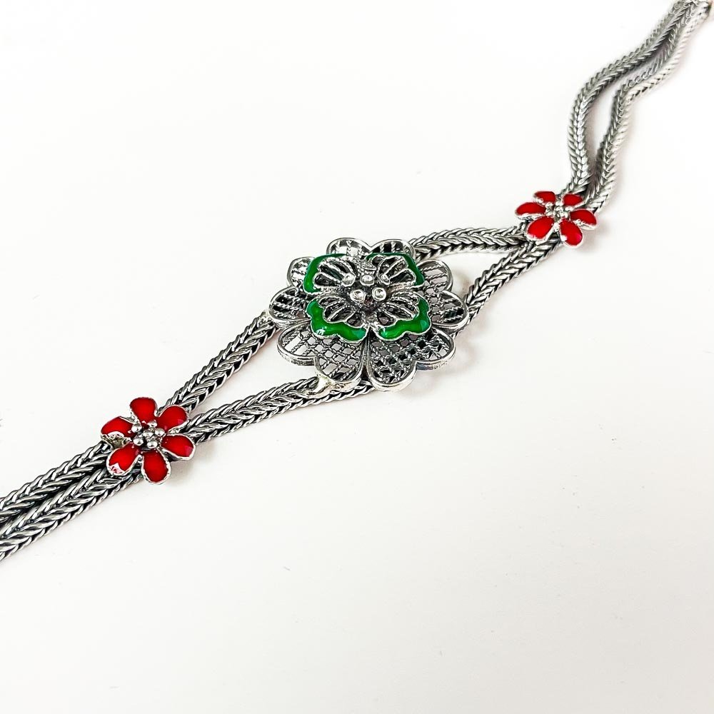 Pulseira Closonet Flor Verde Prata de Bali 925