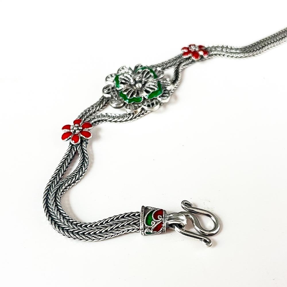 Pulseira Closonet Flor Verde Prata de Bali 925 Prata 2