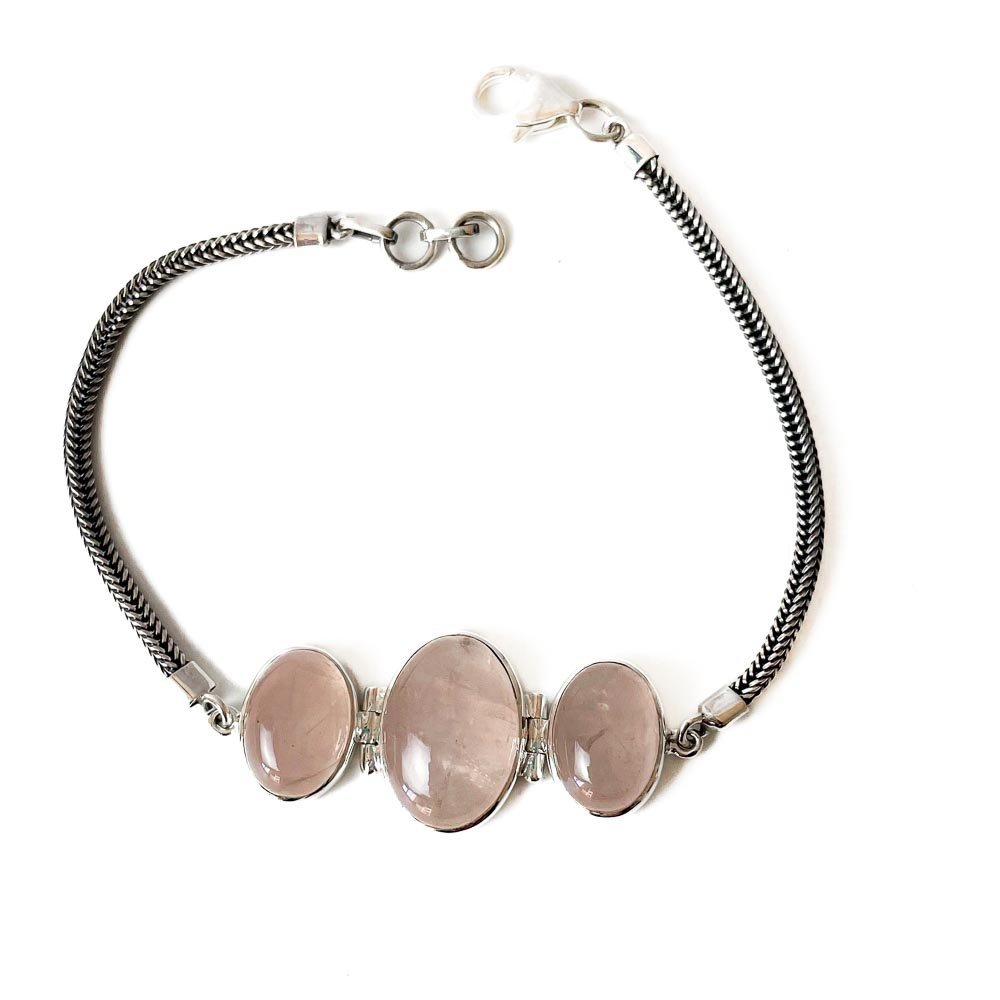 Pulseira Pedras Quartzo Rosa Ovais Prata 925