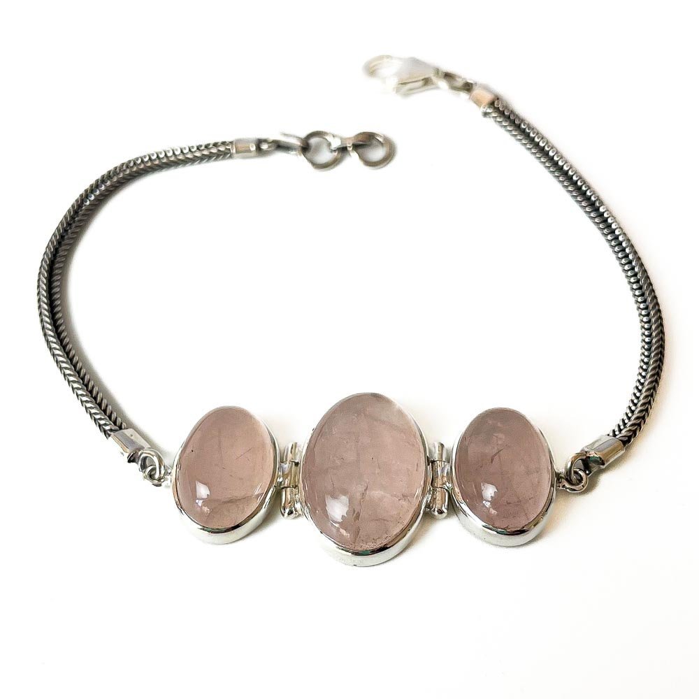 Pulseira Pedras Quartzo Rosa Ovais Prata 925 Prata/Rosa 2