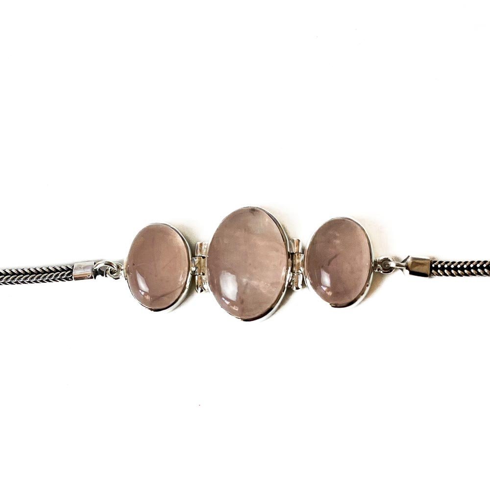 Pulseira Pedras Quartzo Rosa Ovais Prata 925 Prata/Rosa 3
