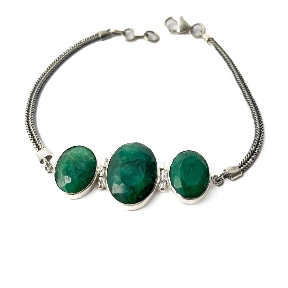 Pulseira Pedras Esmeraldas Indianas Ovais Prata 925