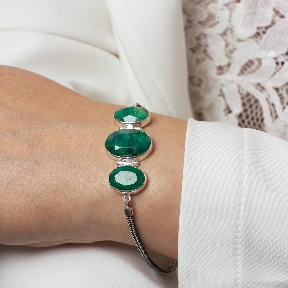 Pulseira Pedras Esmeraldas Indianas Ovais Prata 925 Prata/Verde 2