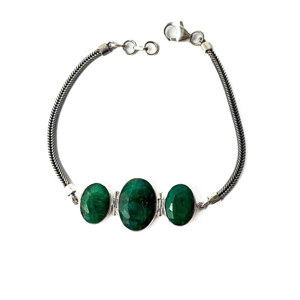 Pulseira Pedras Esmeraldas Indianas Ovais Prata 925 Prata/Verde 3
