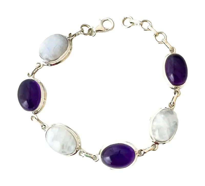 Pulseira Pedra da Lua e Ametistas Ovais Prata 925