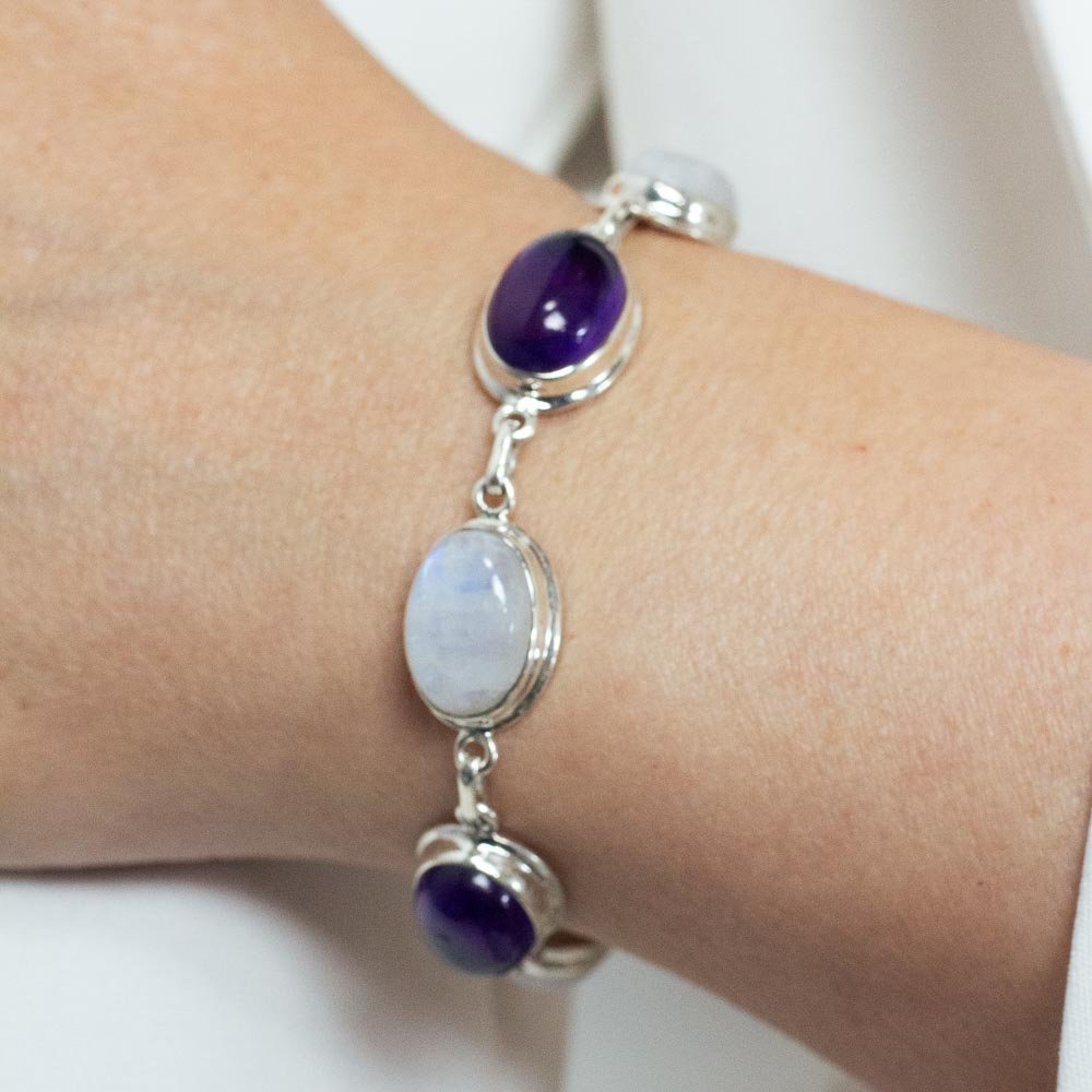 Pulseira Pedra da Lua e Ametistas Ovais Prata 925 Prata 2