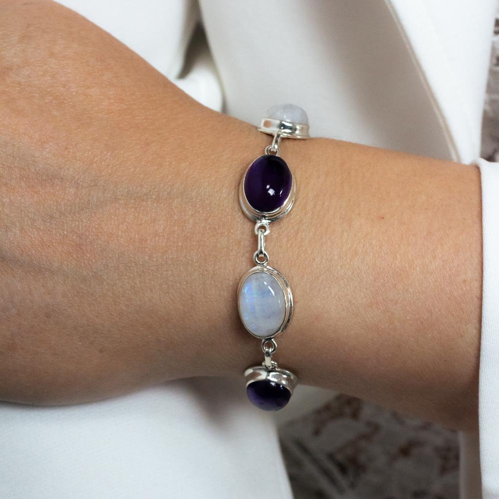 Pulseira Pedra da Lua e Ametistas Ovais Prata 925 Prata 3