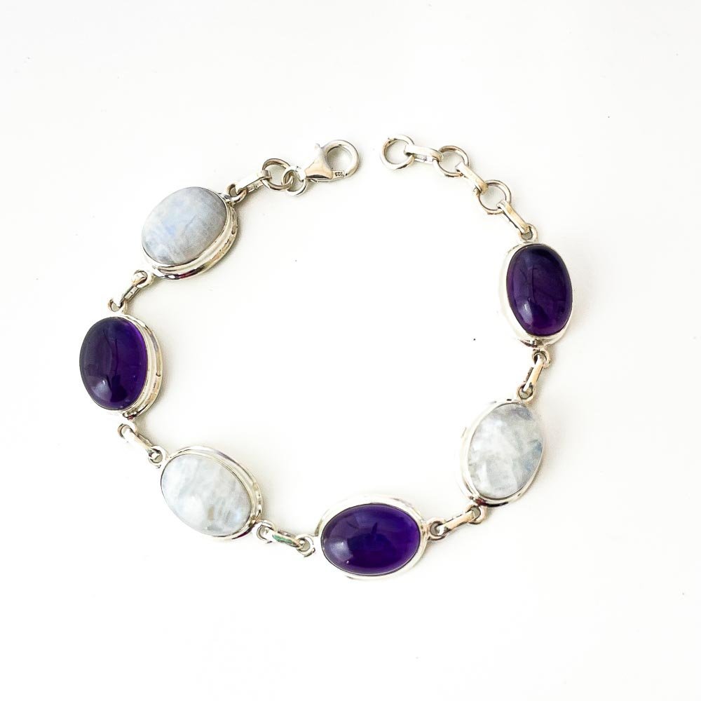 Pulseira Pedra da Lua e Ametistas Ovais Prata 925 Prata 4