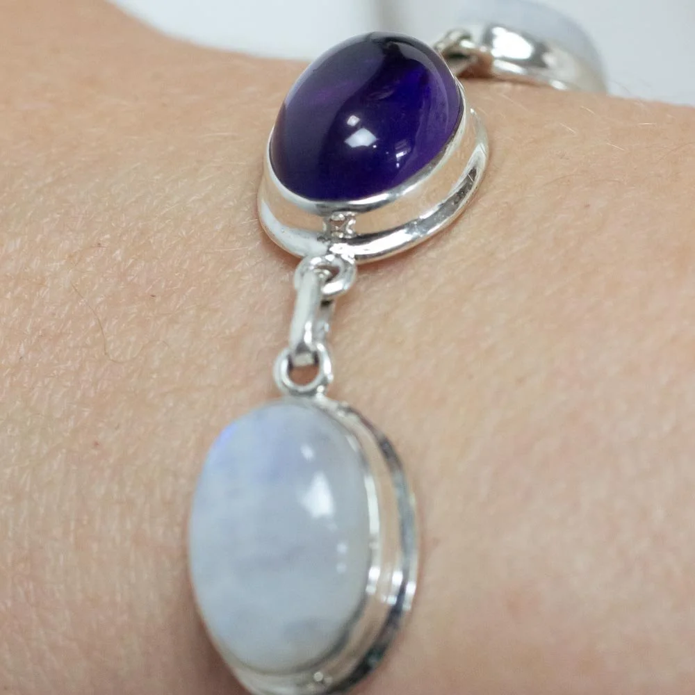 Pulseira Pedra da Lua e Ametistas Ovais Prata 925 Prata 5