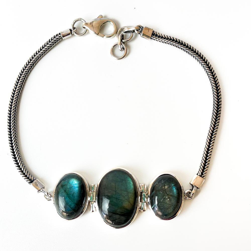 Pulseira Pedras Labradoritas Ovais Prata 925