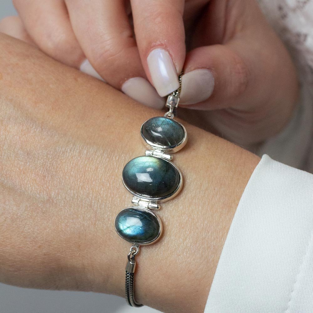 Pulseira Pedras Labradoritas Ovais Prata 925 Prata/Verde 2