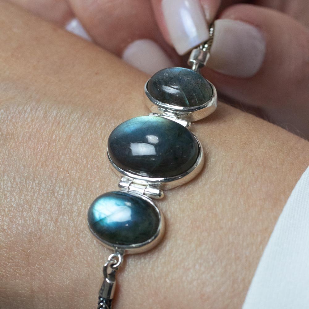 Pulseira Pedras Labradoritas Ovais Prata 925 Prata/Verde 3