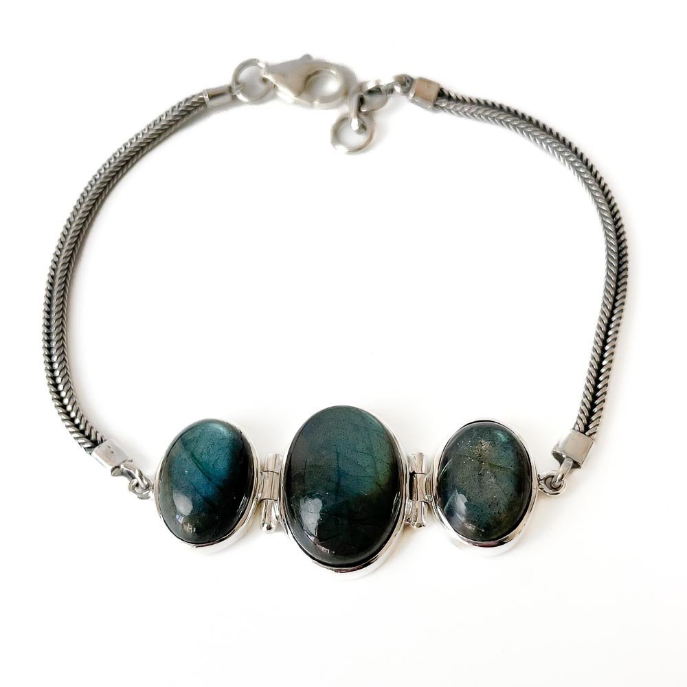 Pulseira Pedras Labradoritas Ovais Prata 925 Prata/Verde 4