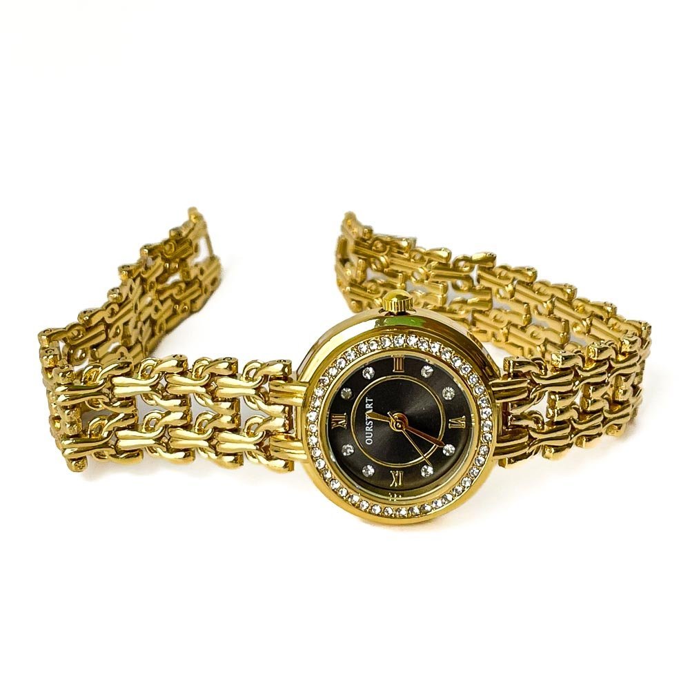 Relógio Feminino Redondo Strass Dourado Aço Inox