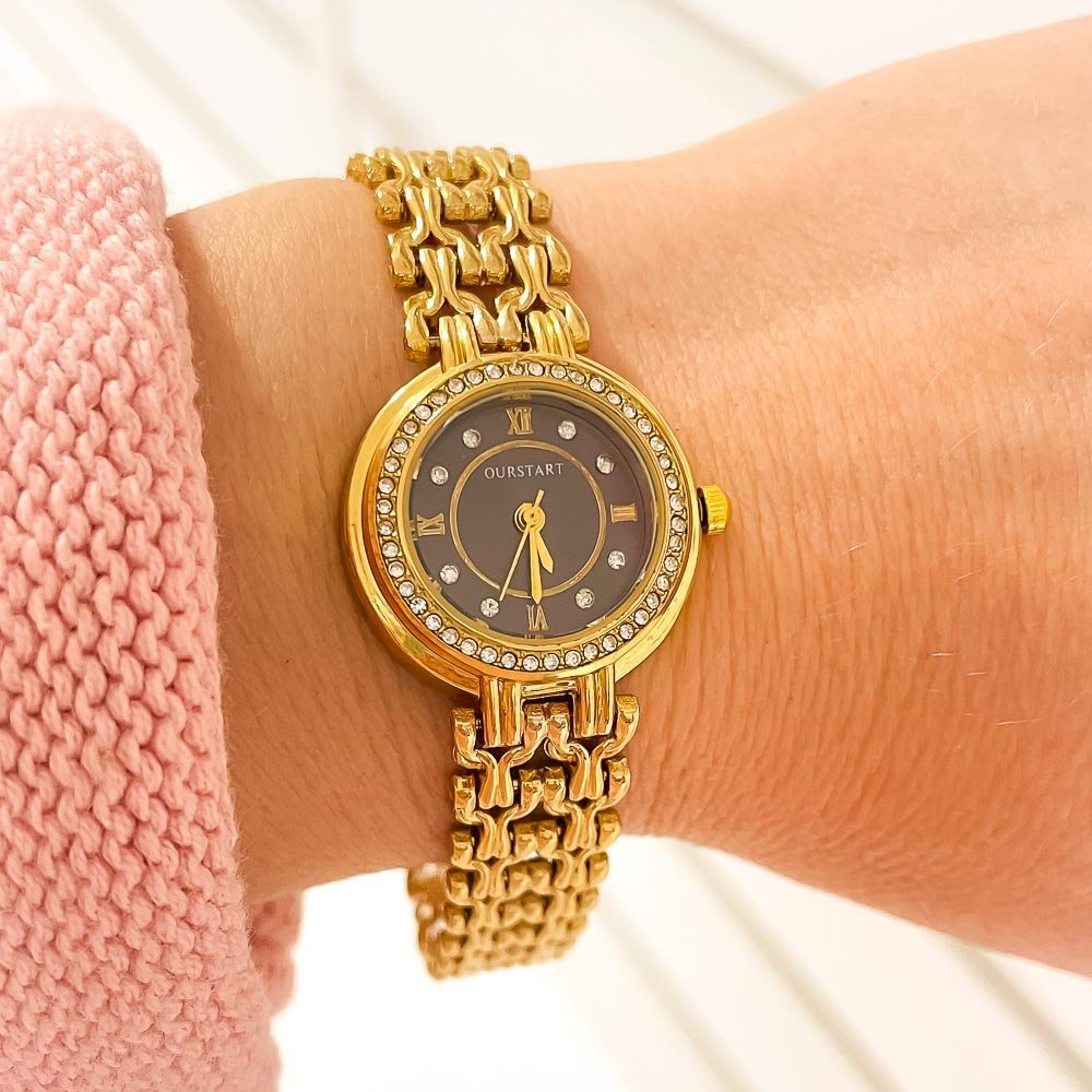 Relógio Feminino Redondo Strass Dourado Aço Inox Dourado 2