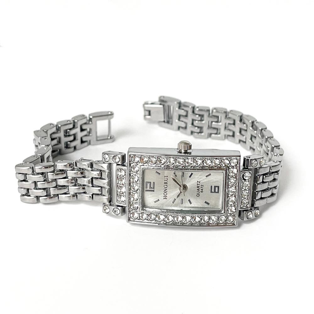 Relógio Feminino Retangular Strass Aço Inox Prata 1