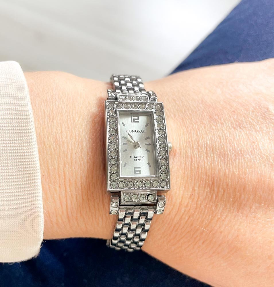 Relógio Feminino Retangular Strass Aço Inox Prata 2