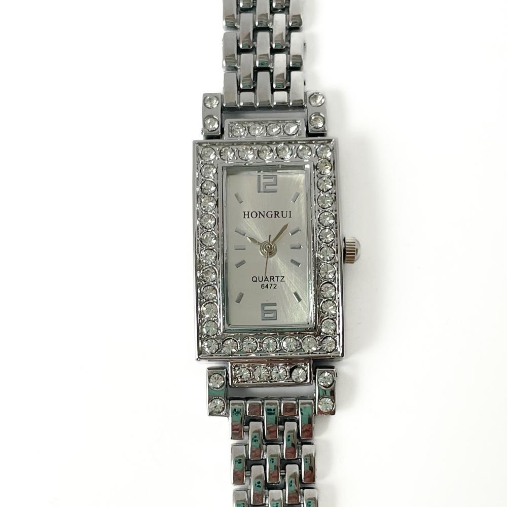 Relógio Feminino Retangular Strass Aço Inox Prata 4