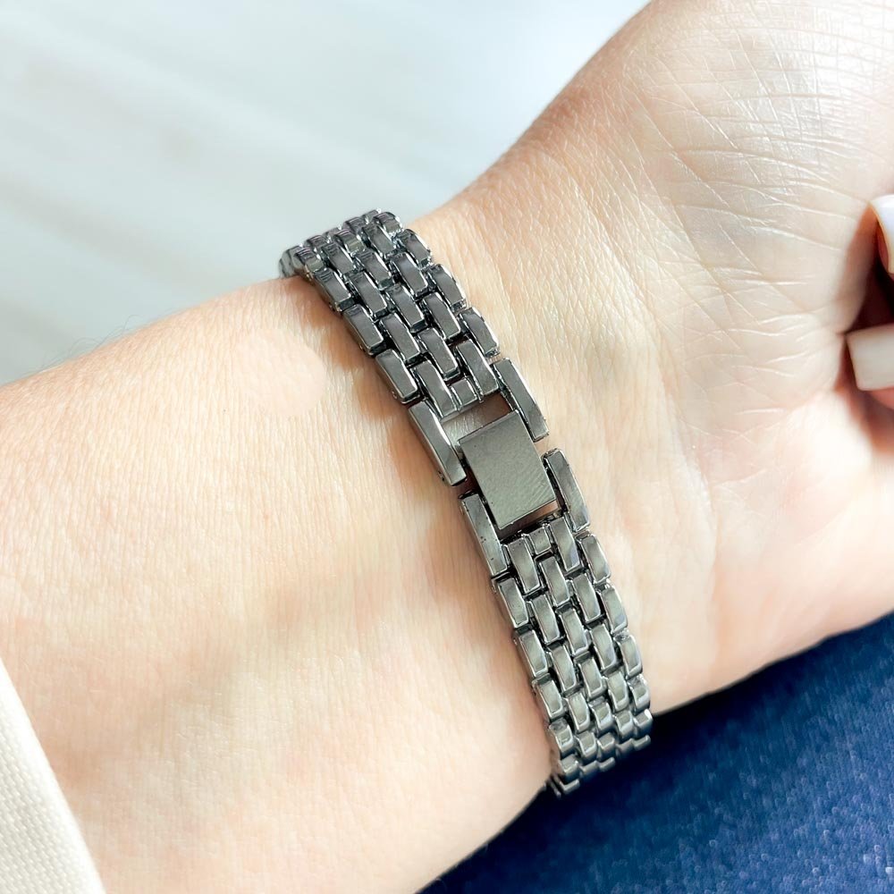 Relógio Feminino Retangular Strass Aço Inox Prata 5