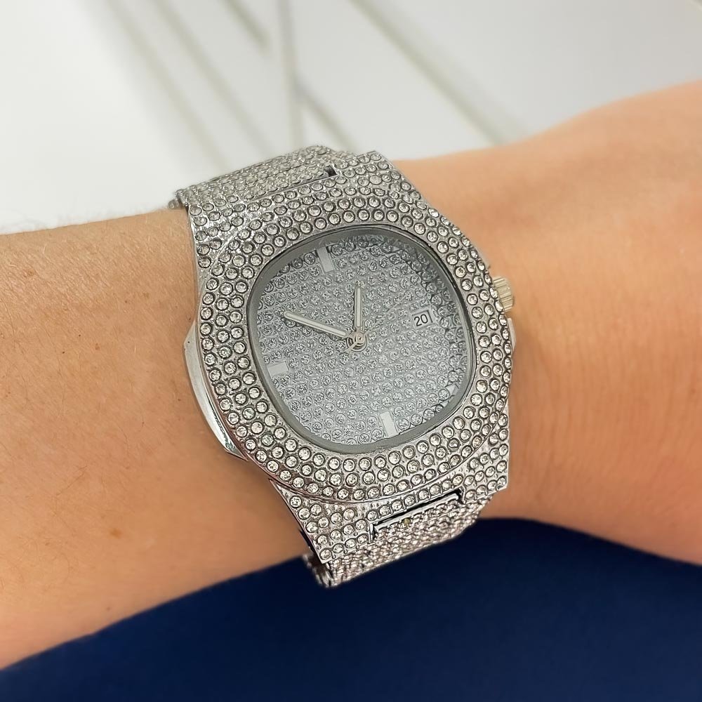 Relógio Redondo Feminino Brilho e Charme Aço Inox Prata 2