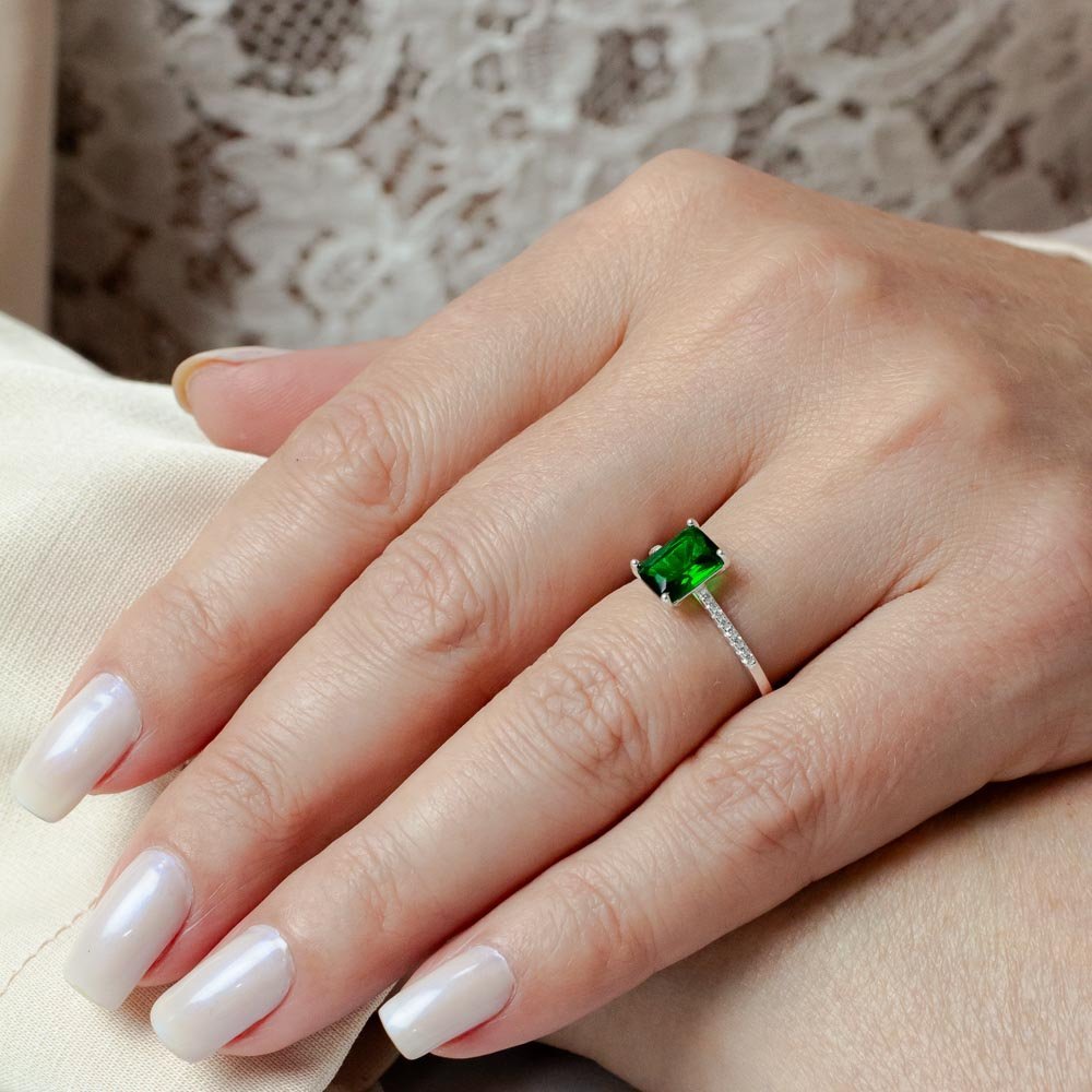 Anel Solitário Zircônio Retangular Verde Prata 925 Prata/Verde 2