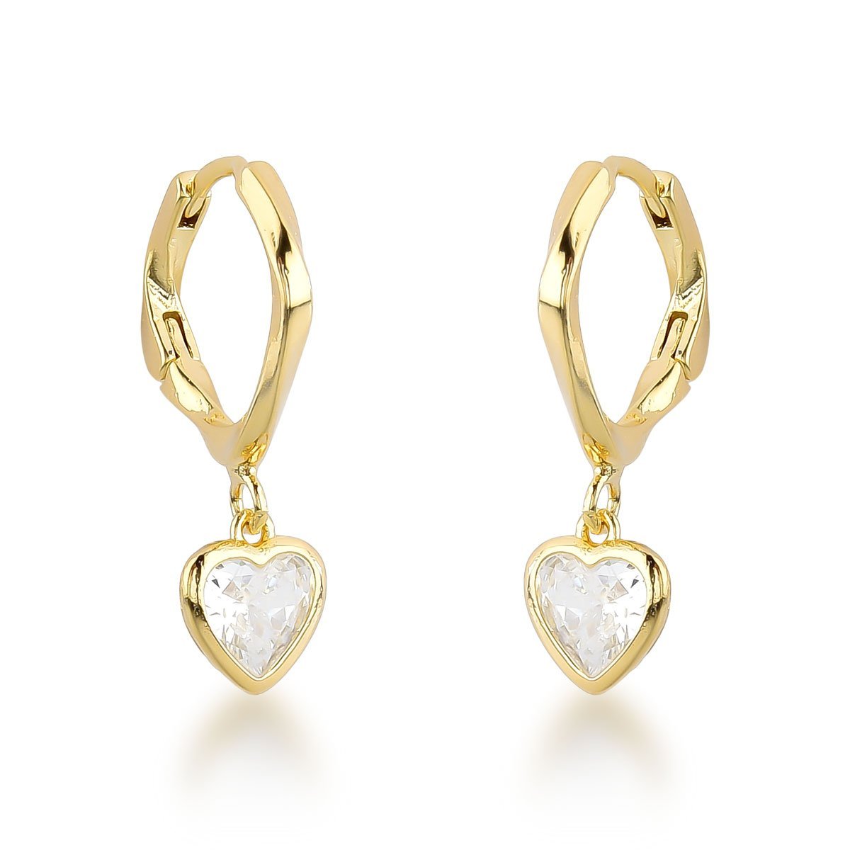 Brinco Argola Sextavada com Zirconia Coração Banhada a Ouro 18k