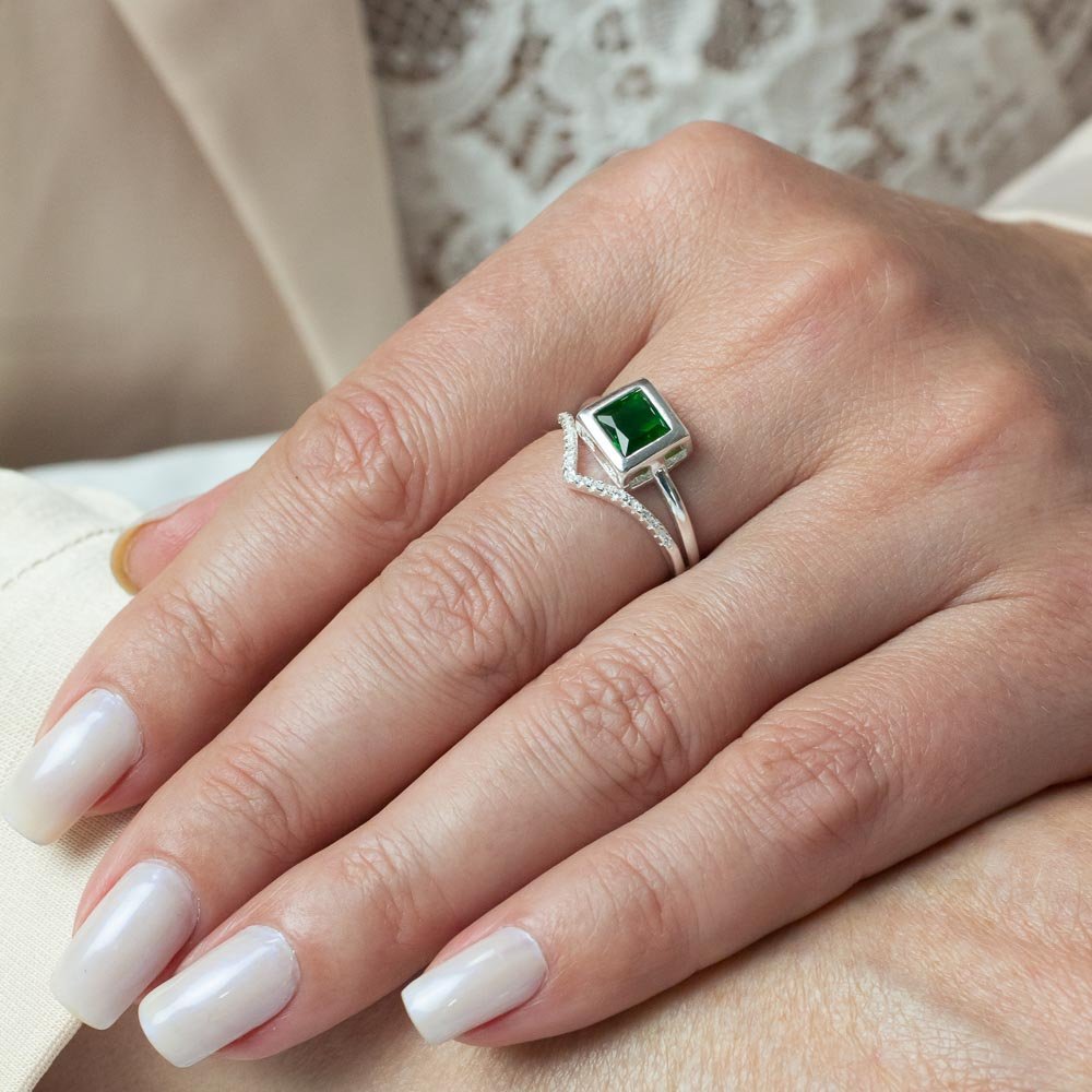Anel Elegante Zircônio Quadrada Verde Prata 925 Prata/Verde 2