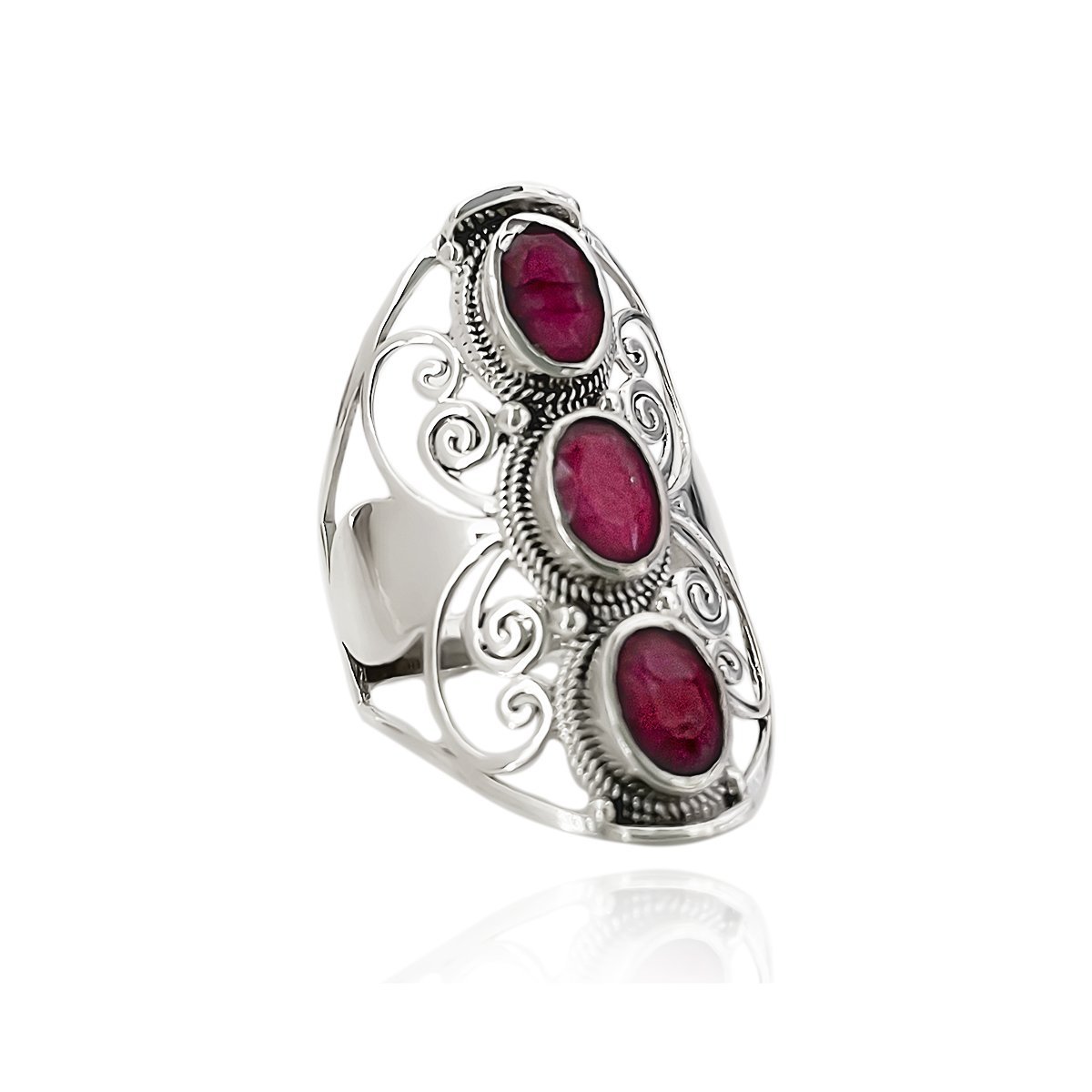 Anel Largo Três Pedras Rubi Indiana Prata 925