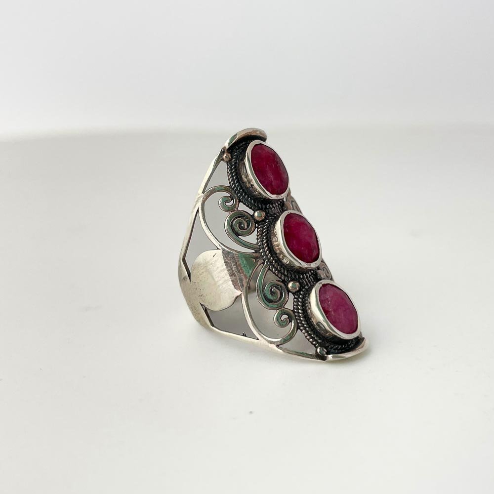 Anel Largo Três Pedras Rubi Indiana Prata 925 Prata/Rosa 3